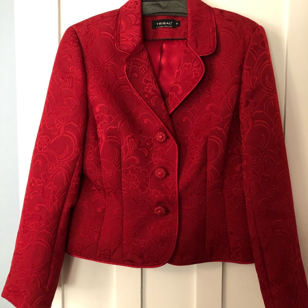 Tribal Brocade Crop Jacket, 12, Red